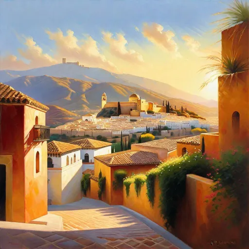 Prompt: Cordoba, streets, mountains in the background, fortress on a hill, skyscrapers, sunny, hot weather, hyperrealistic, extremely detailed painting by Greg Rutkowski by Steve Henderson 