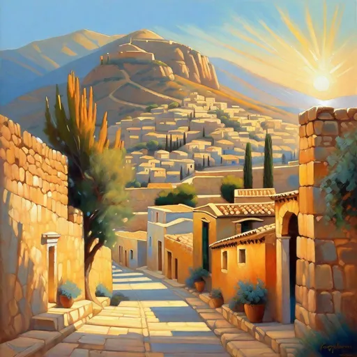 Prompt: Mycenae, streets, mountains in the background, fortress on a hill, sunny, hot weather, hyperrealistic, extremely detailed painting by Greg Rutkowski by Steve Henderson 
