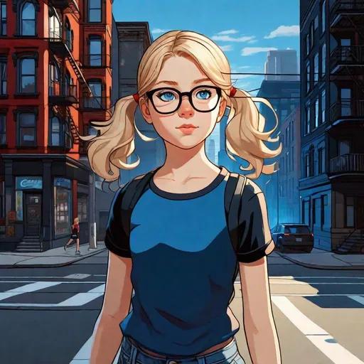 Prompt: 13 years old Russian-American girl, pale skin, freckles, wavy blonde hair, pigtails, icy blue eyes, glasses, black shirt and blue jean shorts, night, street, run down buildings, Brooklyn, gameplay, Persona 5 style, cel shaded style, intricate, detailed face, by Greg Rutkowski.