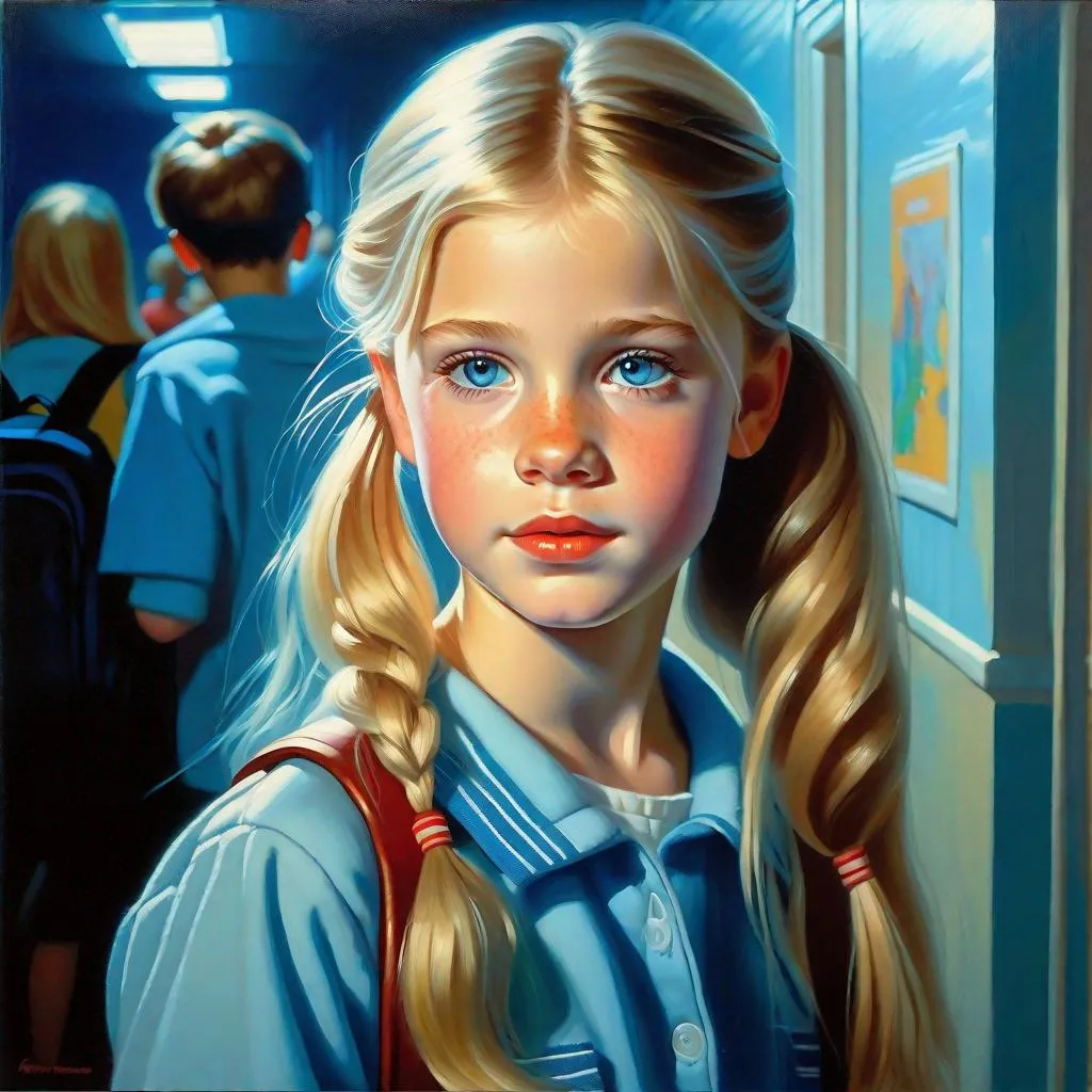 Prompt: A 13 years old Russian-American girl, pale skin, freckles, blonde hair, pigtails, icy blue eyes, night, school corridor, full body portrait, 80's movie, photorealisitc style, extremely detailed painting by Greg Rutkowski by Steve Henderson