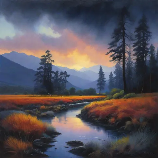 Prompt: Chile, forests, mist, mountains in the background, rainy, cool weather, dark blue skyes, night, hyperrealistic, extremely detailed painting by Greg Rutkowski by Steve Henderson 