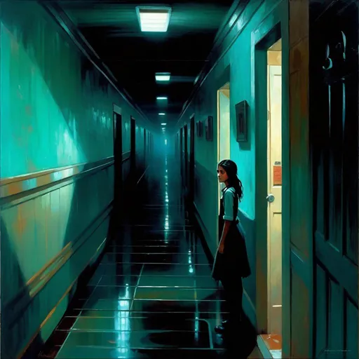 Prompt: A 13 years old Castizo Uruguayan girl, pale skin, freckles, black hair, brown eyes, rainy foggy weather, night, hospital corridor, turquoise-ish atmosphere, creepy, spooky, dark figure in the background, full body, third-person, gameplay, full body portrait, photorealistic, extremely detailed painting by Greg Rutkowski by Steve Henderson