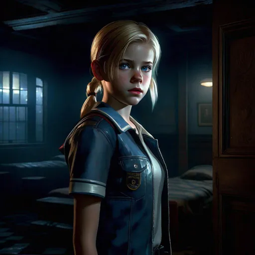 Prompt: Resident Evil 2 Remake, 12 years old girl, pale skin, freckles, blonde hair, pigtails, icy blue eyes, abandoned orphanage, night, full body portrait, dark atmosphere, Mr. X in the background, photorealisitc style, extremely detailed painting by Greg Rutkowski by Steve Henderson