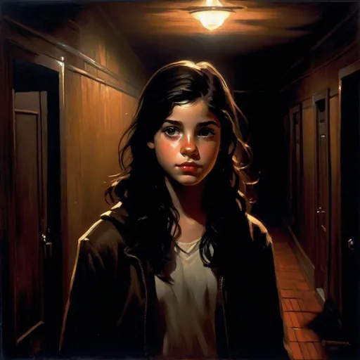 Prompt: A 13 years old Castizo Uruguayan girl, pale skin, freckles, black hair, brown eyes, cold weather, night, high school corridors, creepy, spooky, dark figure in the background, dark brown atmosphere, full body, third-person, gameplay, full body portrait, photorealistic, extremely detailed painting by Greg Rutkowski by Steve Henderson