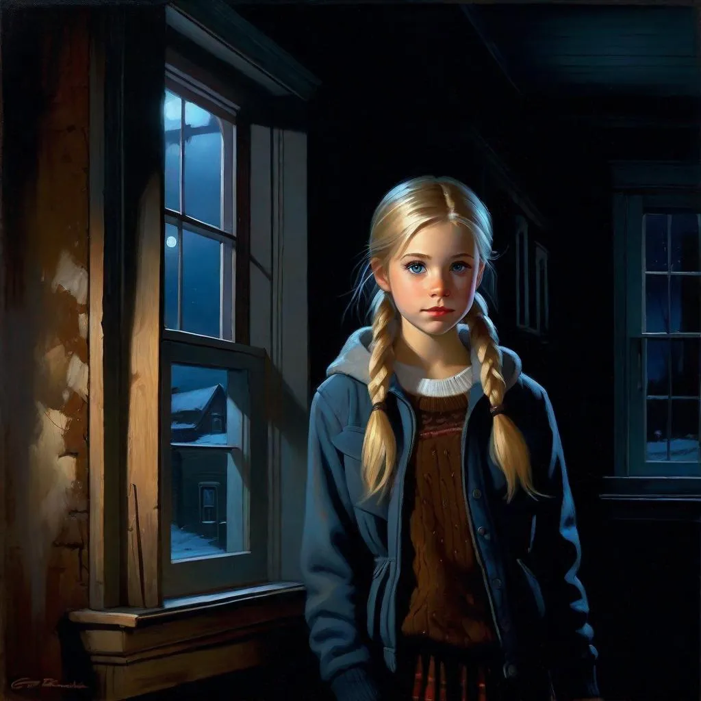 Prompt: A 13 years old Russian-American girl, pale skin, freckles, blonde hair, pigtails, blue eyes, cold weather, night, abandoned apartment, creepy, spooky, dark figure in the background, dark brown atmosphere, full body, third-person, gameplay, photorealistic, extremely detailed painting by Greg Rutkowski by Steve Henderson