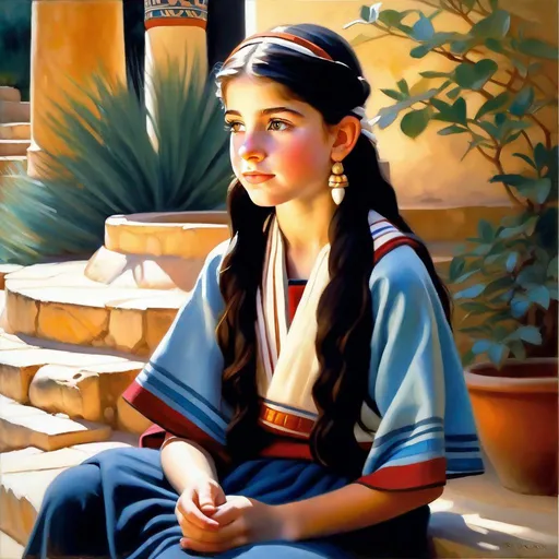 Prompt: A 13 years old Minoan girl, pale skin, freckles, black hair, pigtails, brown eyes, traditional Minoan dress, Knossos, photorealistic, extremely detailed painting by Greg Rutkowski by Steve Henderson