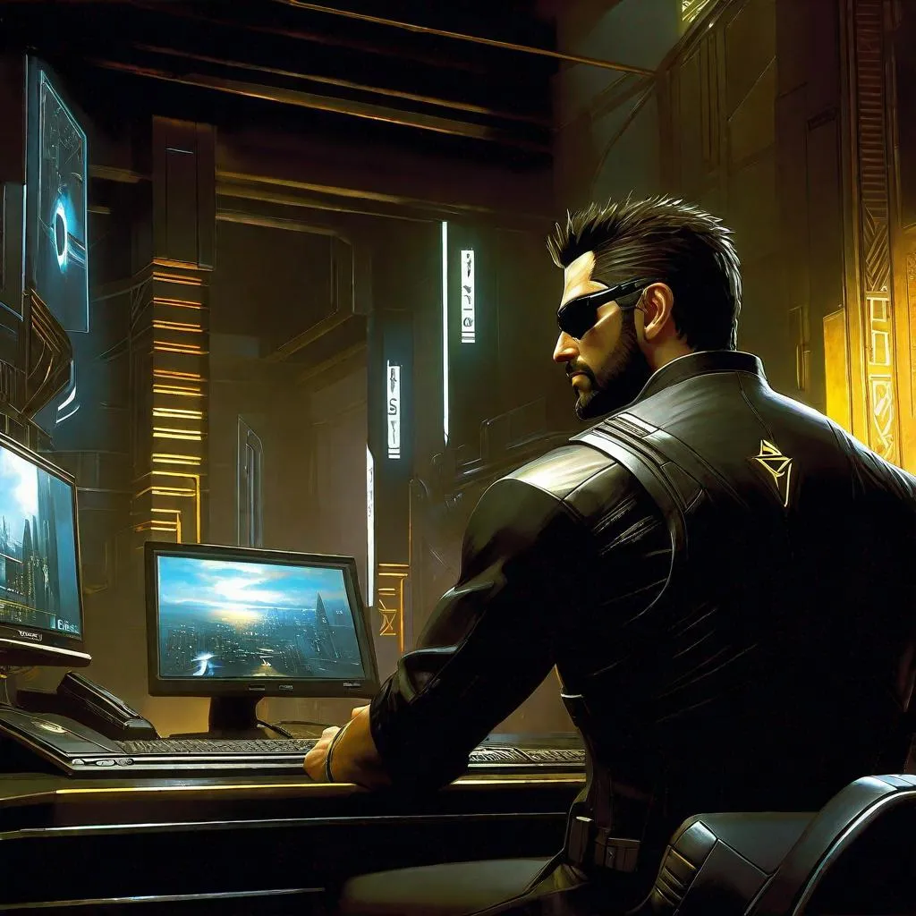 Prompt: Deus Ex, PC gameplay, 2000, 3D graphics, cyberpunk, dark, realistic, extremely detailed painting by Greg Rutkowski by Steve Henderson 