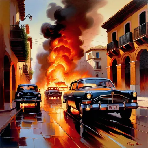 Prompt: Riots in streets, Cordoba, armored cars molotovs, historical center, buildings on fire, destroyed old cars, 80's, 80's film filter, photorealistic, extremely detailed painting by Greg Rutkowski by Steve Henderson