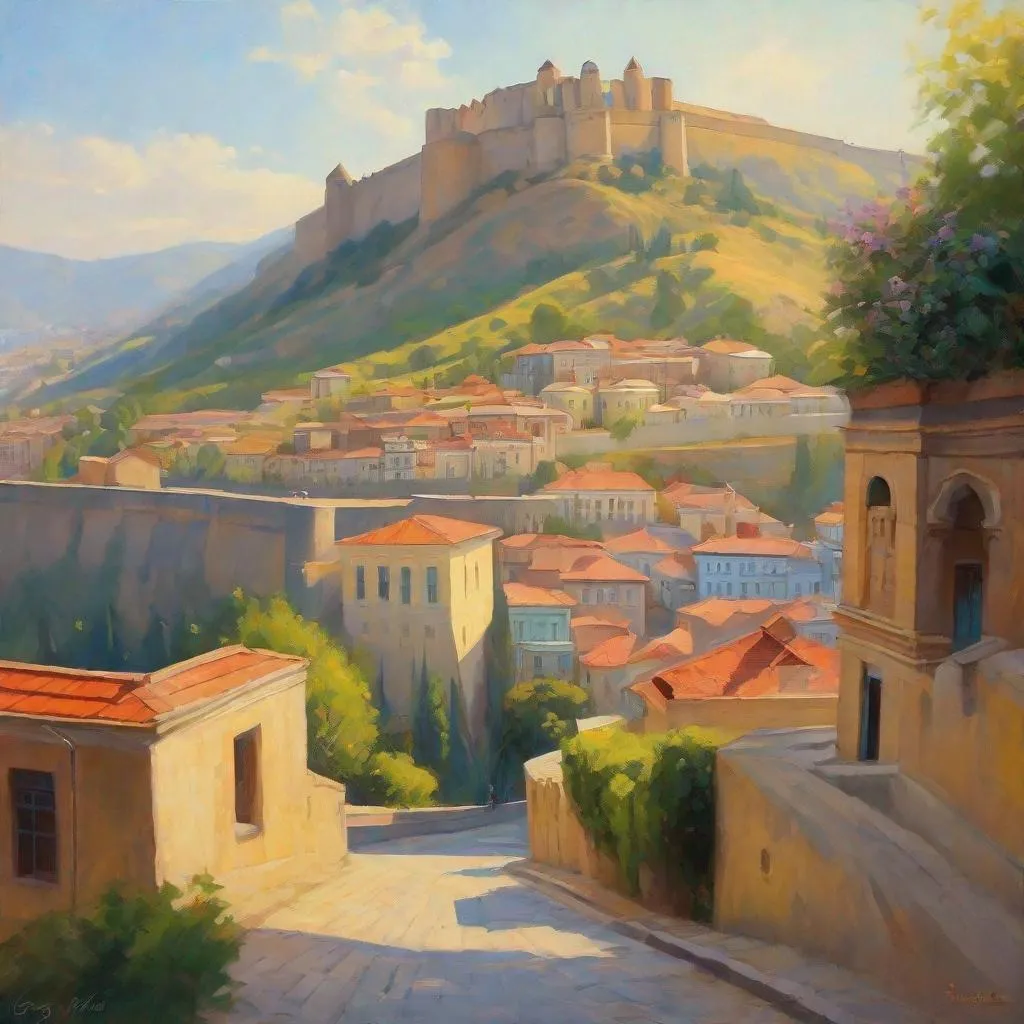 Prompt: Tbilisi, streets, mountains in the background, fortress on a hill, sunny, hot weather, hyperrealistic, extremely detailed painting by Greg Rutkowski by Steve Henderson 