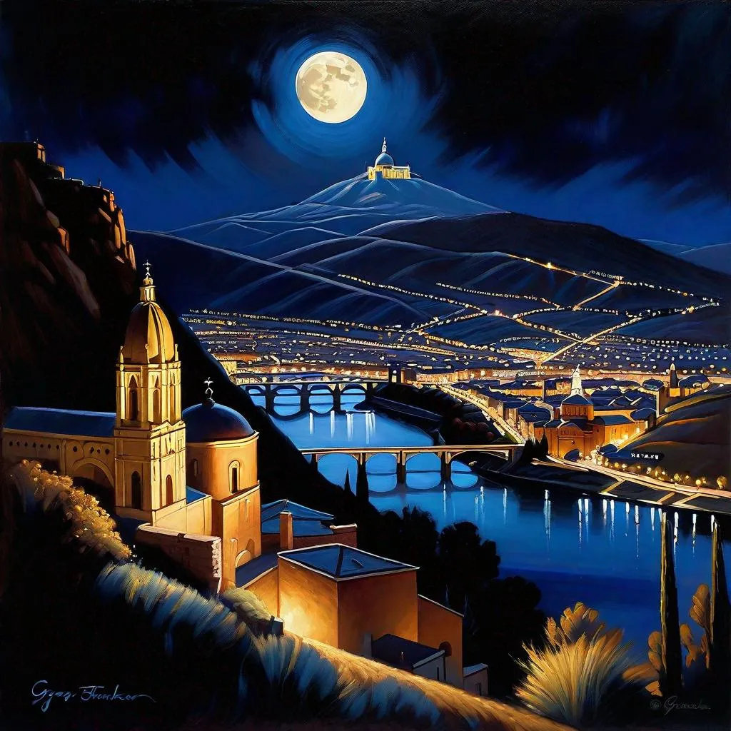 Prompt: Toledo at night, Toledo streets, mountains in the background, dark blue sky, moon, realistic, extremely detailed painting by Greg Rutkowski by Steve Henderson 