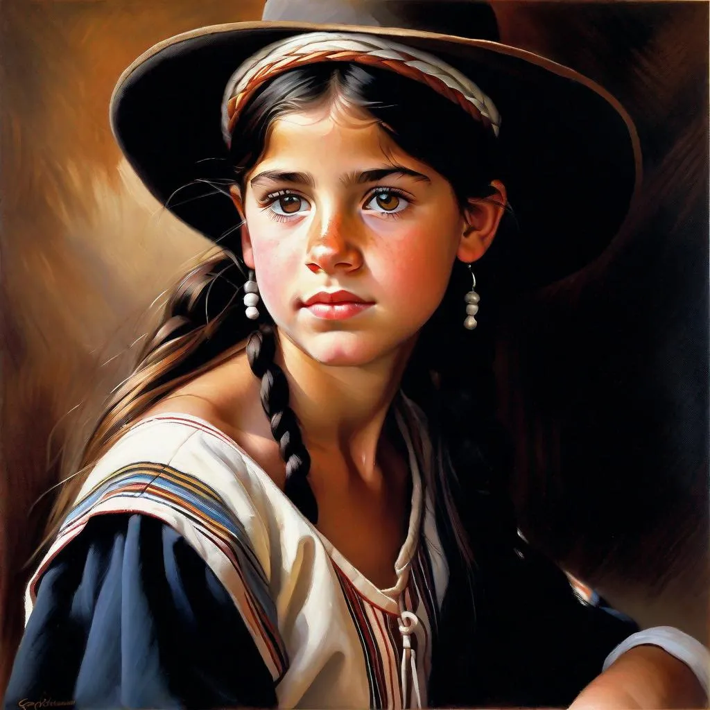 Prompt: A 13 years old Argentinian Castizo girl, pale skin, freckles, black hair, pigtails, brown eyes, traditional Gaucho dress, Cordoba, Argentina, photorealistic, extremely detailed painting by Greg Rutkowski by Steve Henderson