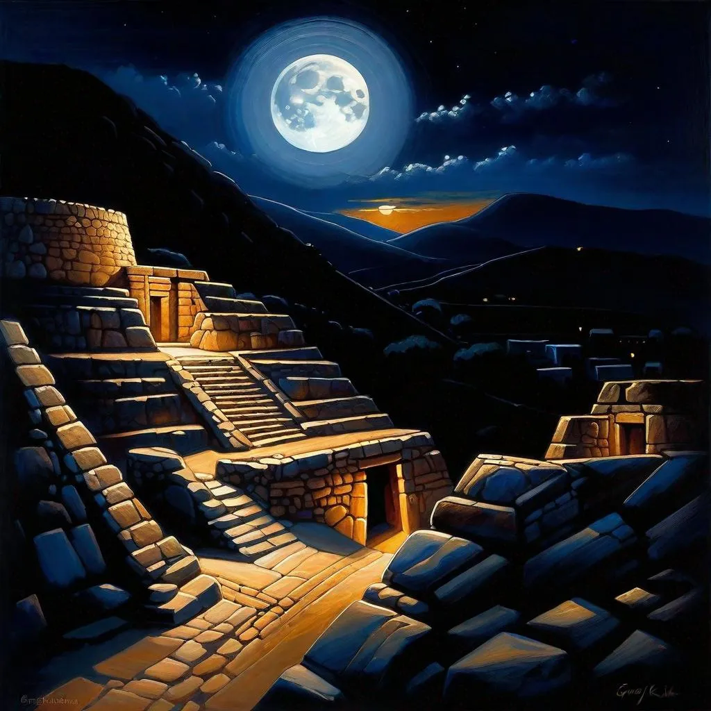 Prompt: Mycenae at night, Mycenae citadel, streets, bronze age, dark blue sky, moon, realistic, extremely detailed painting by Greg Rutkowski by Steve Henderson 