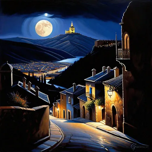 Prompt: Toledo at night, Toledo streets, mountains in the background, dark blue sky, moon, realistic, extremely detailed painting by Greg Rutkowski by Steve Henderson 