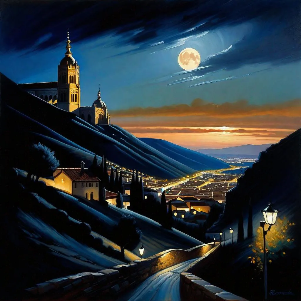 Prompt: Toledo at night, Toledo streets, mountains in the background, dark blue sky, moon, realistic, extremely detailed painting by Greg Rutkowski by Steve Henderson 