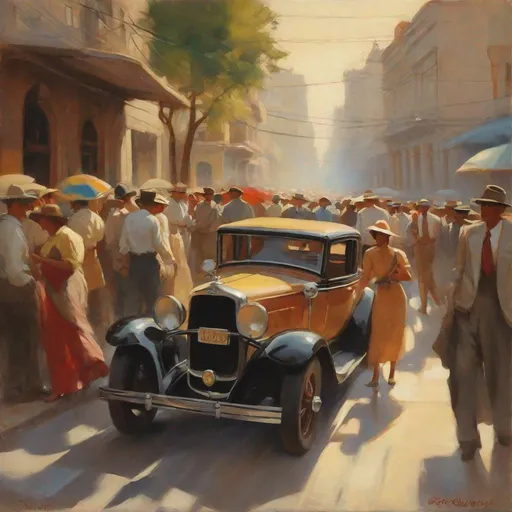 Prompt: 1930's Latin American revolution, streets, realistic, extremely detailed painting by Greg Rutkowski by Steve Henderson 