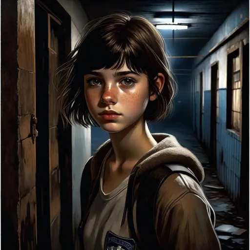 Prompt: A 13 years old Castizo Uruguayan girl, pale skin, freckles, black hair, messy short hair, bangs, brown eyes, cold weather, night, abandoned police station, corridors, dirty, creepy, spooky, mysterious figure in the background, dark brown atmosphere, full body, third-person, full body portrait, photorealistic, extremely detailed painting by Greg Rutkowski by Steve Henderson