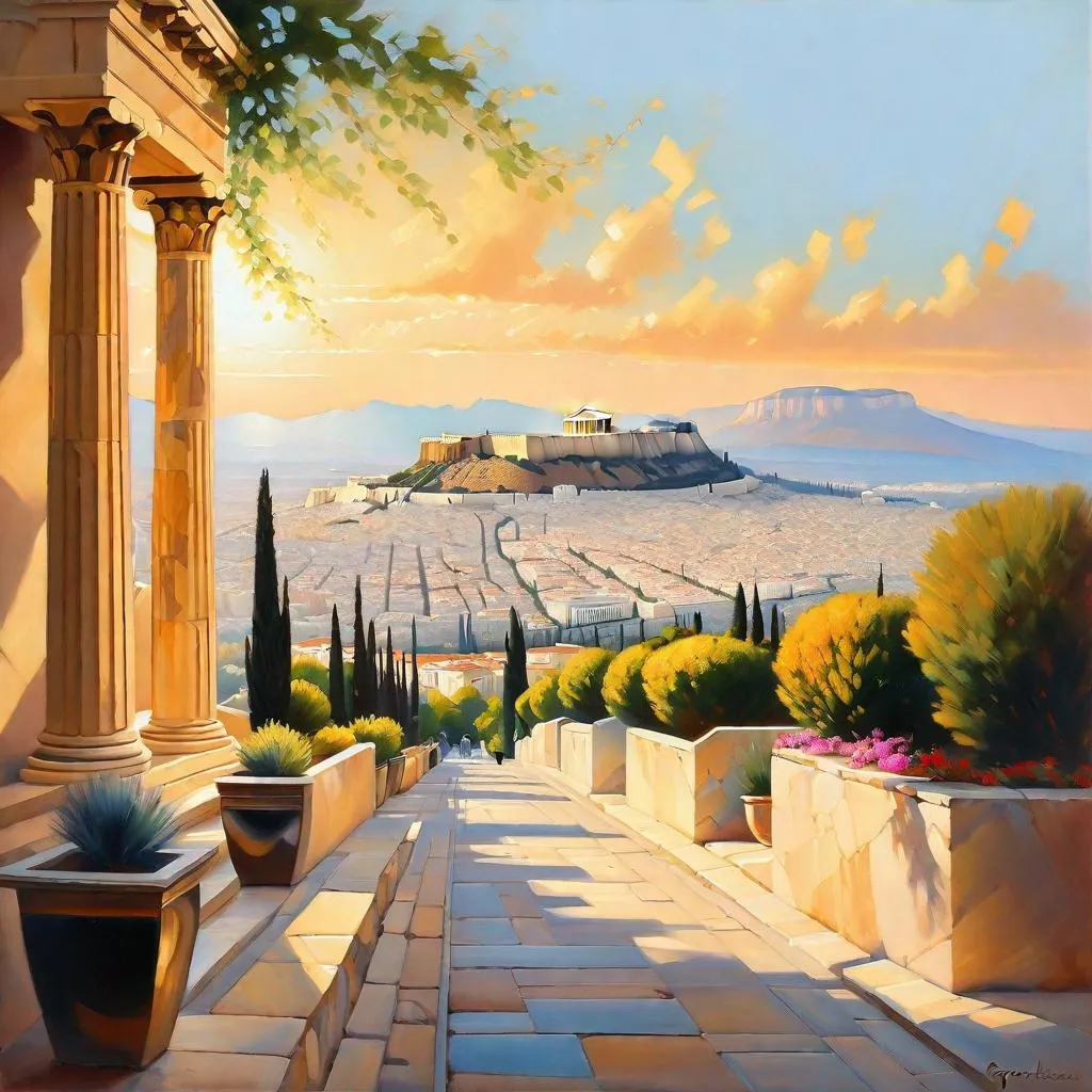 Prompt: Athens, streets, mountains in the background, Acropolis, sunny, hot weather, hyperrealistic, extremely detailed painting by Greg Rutkowski by Steve Henderson 