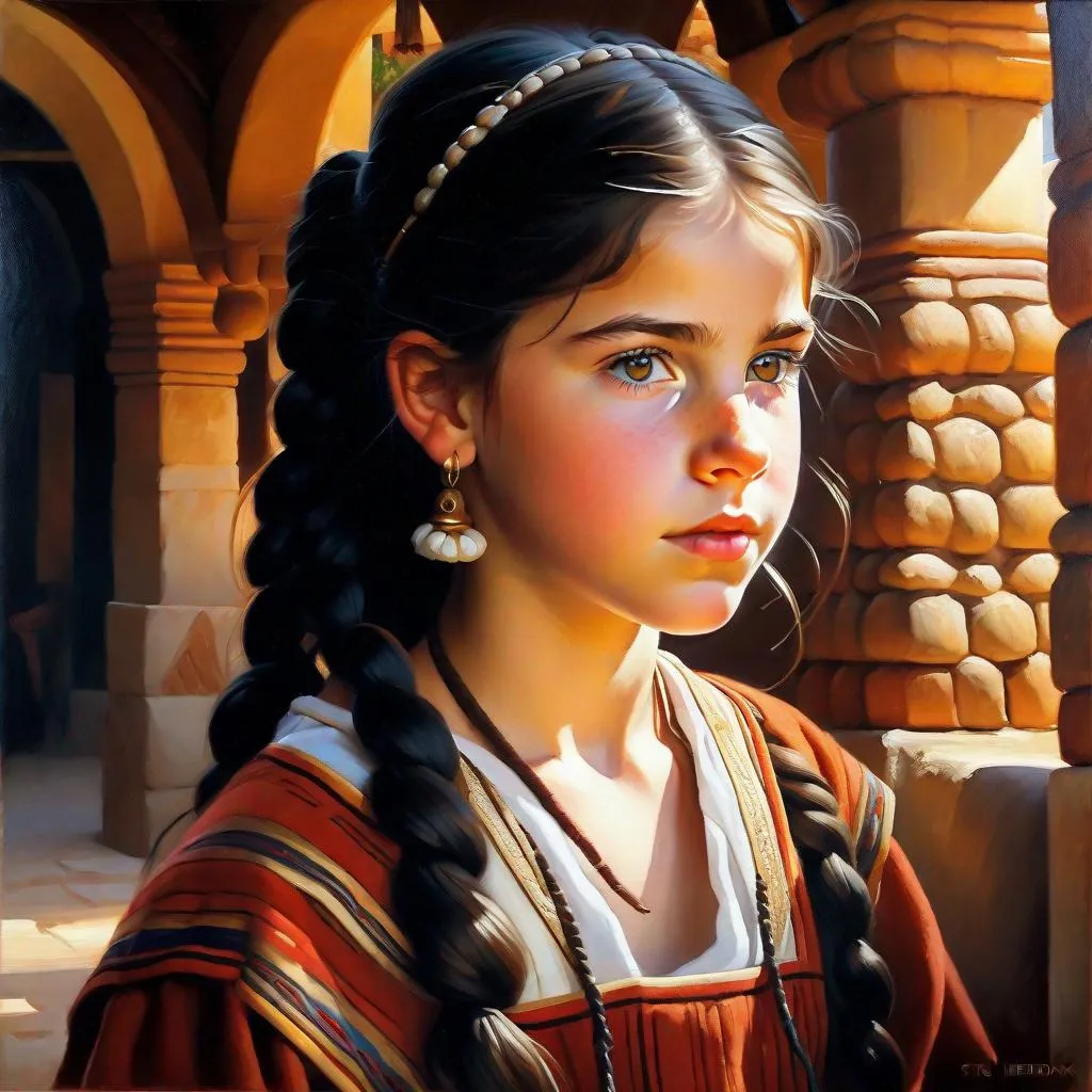 Prompt: A 13 years old Ancient Iberian girl, pale skin, freckles, black hair, pigtails, brown eyes, traditional Iberian dress, Iberian village, photorealistic, extremely detailed painting by Greg Rutkowski by Steve Henderson