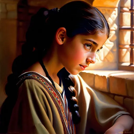 Prompt: A 13 years old Mizrahi Jewish girl, olive skin, freckles, black hair, pigtails, brown eyes, traditional Mizrahi dress, Old Jerusalem, photorealistic, extremely detailed painting by Greg Rutkowski by Steve Henderson