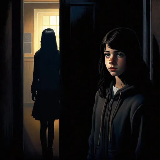 Prompt: A 13 years old Castizo Uruguayan girl, pale skin, freckles, black hair, bangs, brown eyes, cold weather, night, high school corridors, creepy, spooky, dark figure in the background, dark brown atmosphere, full body, third-person, gameplay, full body portrait, photorealistic, extremely detailed painting by Greg Rutkowski by Steve Henderson