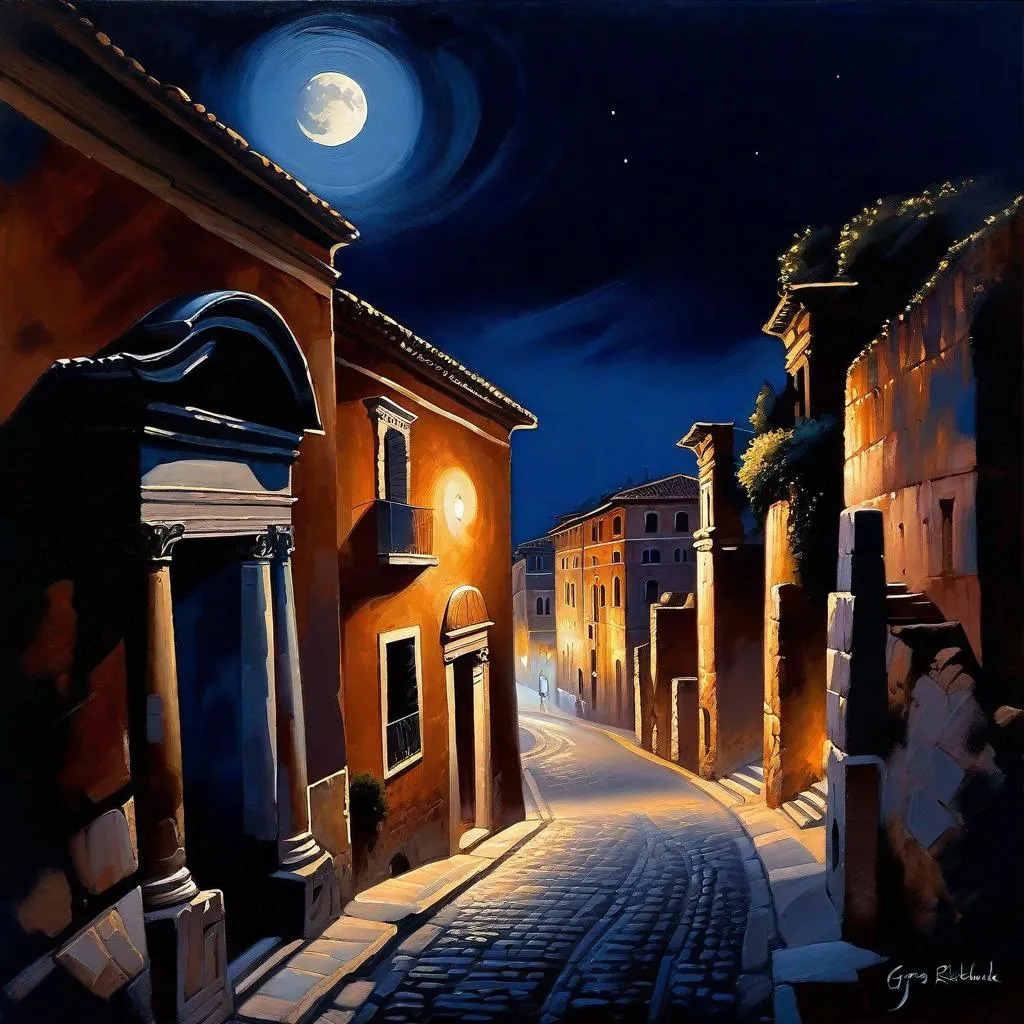 Prompt: Ancient Rome at night, Rome streets, Palatine Hill, dark blue sky, moon, realistic, extremely detailed painting by Greg Rutkowski by Steve Henderson 