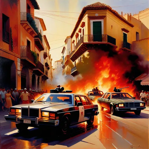 Prompt: Riots in streets, Cordoba, armored cars, molotovs, historical center, 80's, 80's film filter, photorealistic, extremely detailed painting by Greg Rutkowski by Steve Henderson