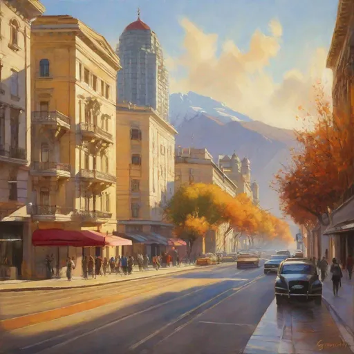 Prompt: Montevideo historical center, streets, skyscrapers, mountains in the background, sunny, autumn, cold weather, hyperrealistic, extremely detailed painting by Greg Rutkowski by Steve Henderson 