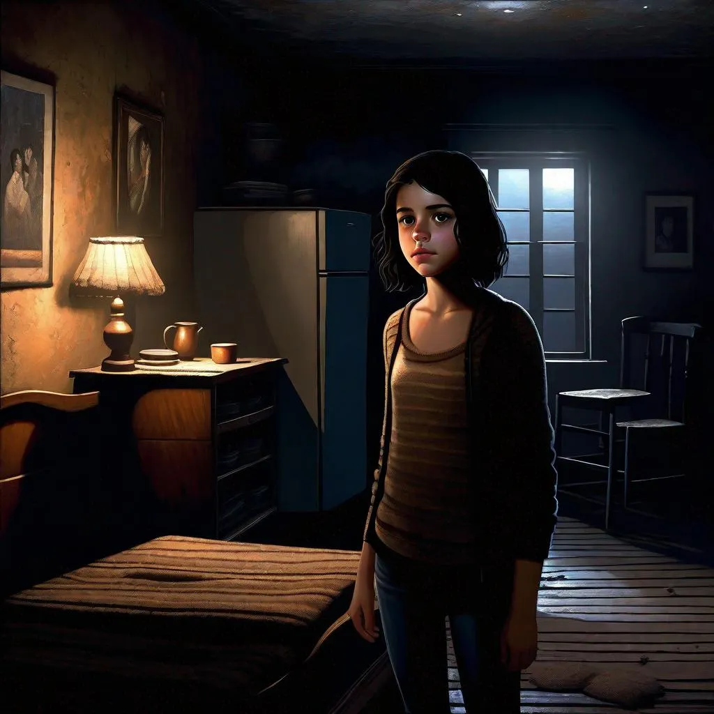 Prompt: A 13 years old Castizo Uruguayan girl, pale skin, freckles, black hair, short hair, brown eyes, cold weather, night, abandoned apartment, interior, creepy, spooky, dark figure in the background, dark brown atmosphere, full body, third-person, gameplay, full body portrait, photorealistic, extremely detailed painting by Greg Rutkowski by Steve Henderson