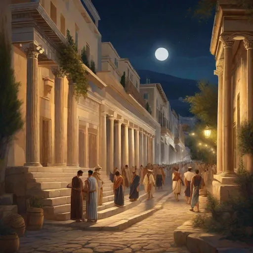 Prompt: Ancient Athens at night, streets, merchants, guards, Acropolis complex on hill, Classical Greece, historical reconstruction, sunny weather, hyperrealistic, extremely detailed painting.