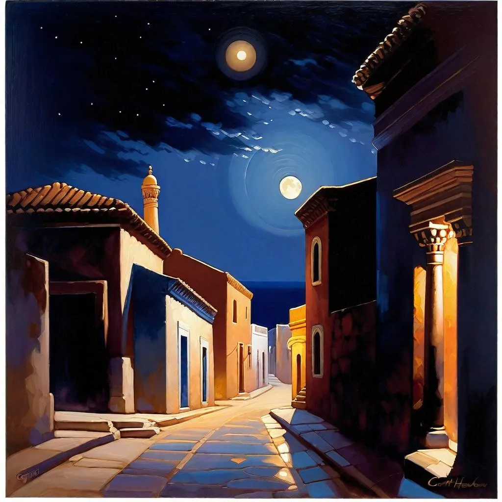 Prompt: Carthage at night, Ancient Carthage streets, dark blue sky, moon, realistic, extremely detailed painting by Greg Rutkowski by Steve Henderson 