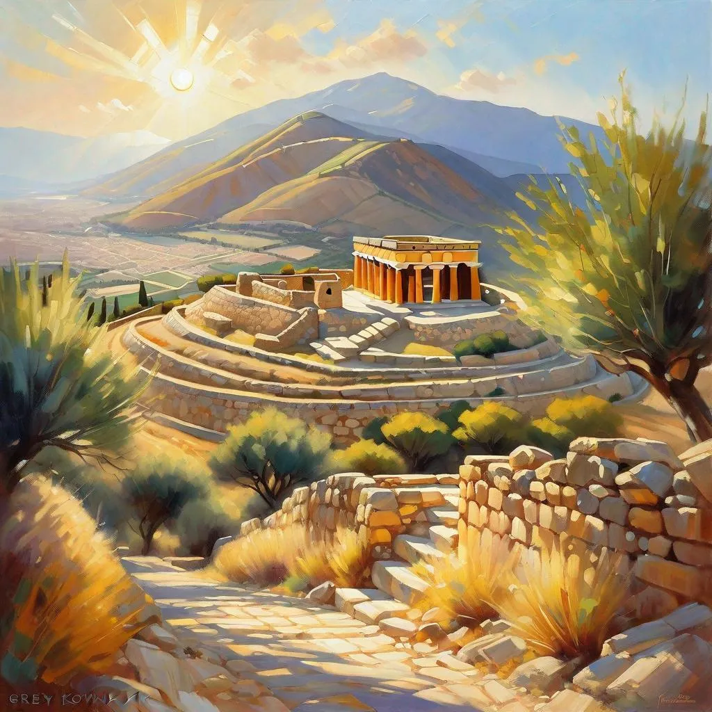 Prompt: Mycenae citadel, Greece, mountains in the background, fortress on a hill, sunny weather, hyperrealistic, extremely detailed painting by Greg Rutkowski by Steve Henderson 