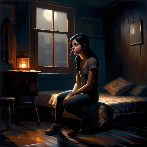 Prompt: A 13 years old Castizo Uruguayan girl, pale skin, freckles, black hair, brown eyes, cold weather, night, abandoned apartment, interior, creepy, spooky, dark figure in the background, dark brown atmosphere, full body, third-person, gameplay, full body portrait, photorealistic, extremely detailed painting by Greg Rutkowski by Steve Henderson