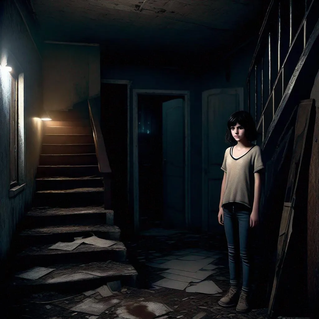 Prompt: A 13 years old Castizo Uruguayan girl, pale skin, freckles, black hair, messy short hair, bangs, brown eyes, cold weather, night, abandoned apartment, interior, stairs, , dirty, creepy, spooky, dark figure in the background, dark brown atmosphere, full body, third-person, full body portrait, photorealistic, extremely detailed painting by Greg Rutkowski by Steve Henderson