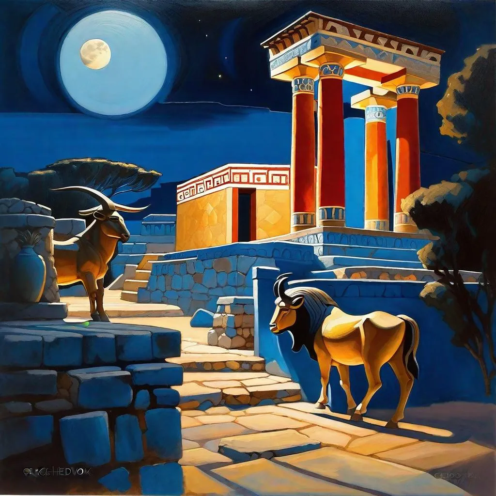 Prompt: Knossos at night, Knossos Palace, streets, bronze age, minotaur in the background, dark blue sky, moon, realistic, extremely detailed painting by Greg Rutkowski by Steve Henderson 