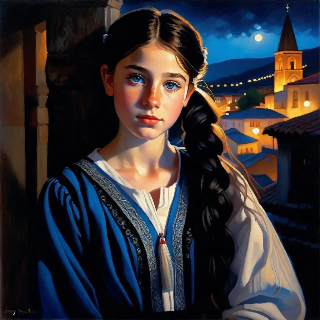 Prompt: A 13 years old Georgian girl, pale skin, freckles, black hair, pigtails, blue eyes, traditional Kartvelian dress, Tbilisi at night, photorealistic, extremely detailed painting by Greg Rutkowski by Steve Henderson