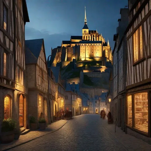 Prompt: Mont Saint-Michel at night, streets, merchants, guards, castle and abbey complex on hill, Late Middle Ages, historical reconstruction, sunny weather, hyperrealistic, extremely detailed painting.