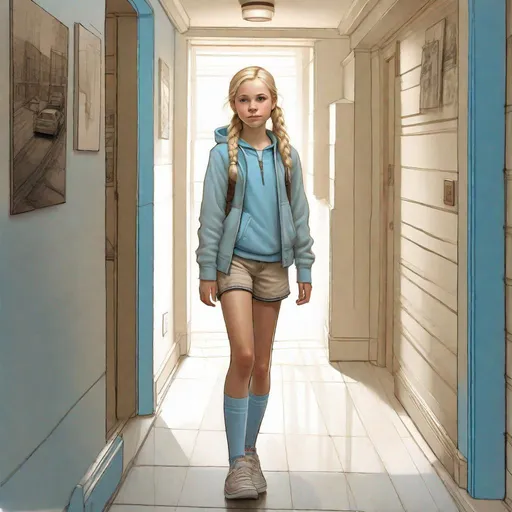 Prompt: A full body portrait of a 13 years old Russian-American girl, pale skin, freckles, blonde hair, pigtails, icy blue eyes, street clothes, shorts, apartment corridor, sketch, drawing, concept art, extremely detailed by Greg Rutkowski.