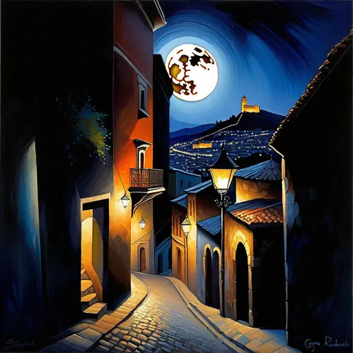 Prompt: Tbilisi at night, Narikala fortress, Old Tbilisi streets, dark blue sky, moon, realistic, extremely detailed painting by Greg Rutkowski by Steve Henderson 