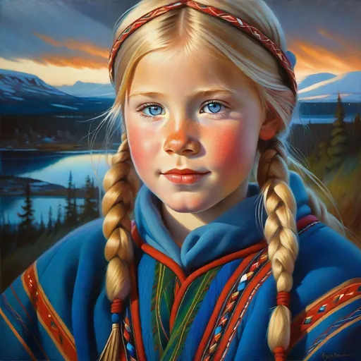Prompt: A 13 years old Sami girl, pale skin, freckles, blonde hair, pigtails, blue eyes, traditional Sami dress, Finland, aurora borealis, photorealistic, extremely detailed painting by Greg Rutkowski by Steve Henderson