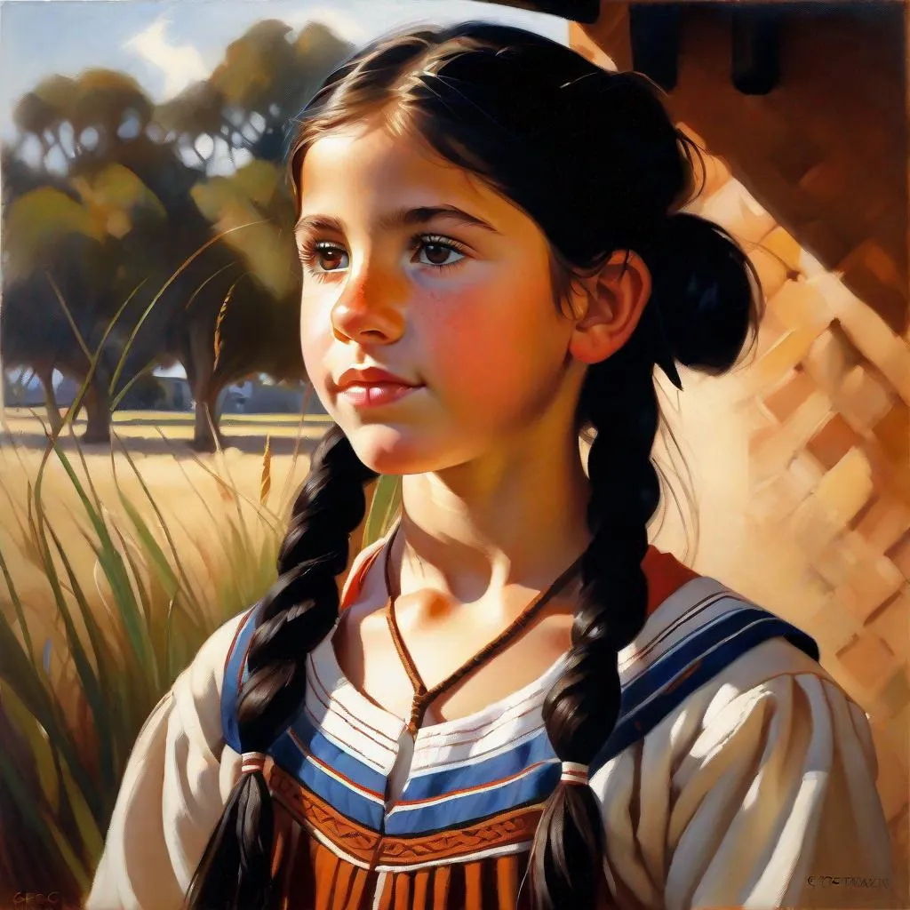 Prompt: A 13 years old Uruguayan Castizo girl, pale skin, freckles, black hair, pigtails, brown eyes, traditional Uruguayan dress, Montevideo, photorealistic, extremely detailed painting by Greg Rutkowski by Steve Henderson
