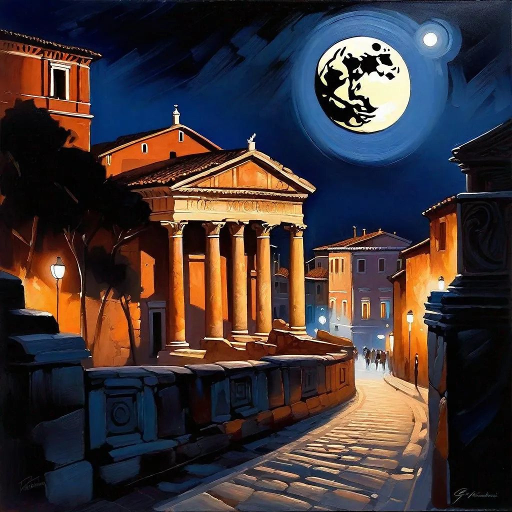 Prompt: Ancient Rome at night, Rome streets, Palatine Hill, dark blue sky, moon, realistic, extremely detailed painting by Greg Rutkowski by Steve Henderson 