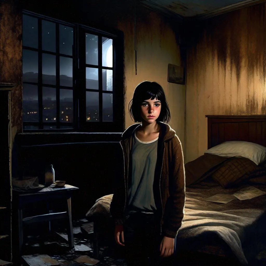 Prompt: A 13 years old Castizo Uruguayan girl, pale skin, freckles, black hair, messy short hair, bangs, brown eyes, cold weather, night, abandoned apartment, interior, rusty, dirty, creepy, spooky, dark figure in the background, dark brown atmosphere, full body, third-person, full body portrait, photorealistic, extremely detailed painting by Greg Rutkowski by Steve Henderson