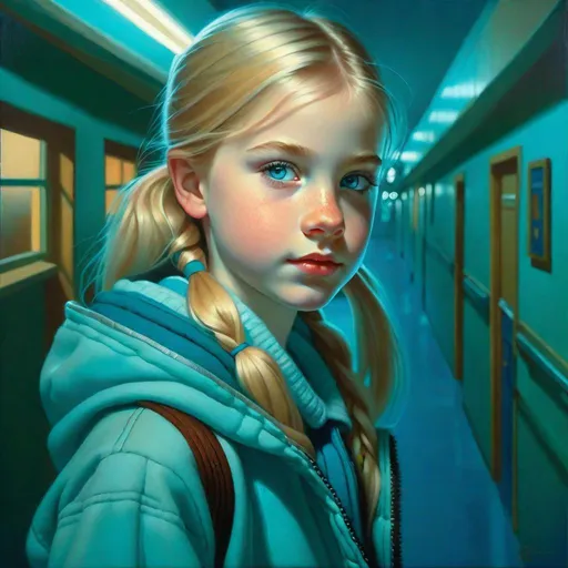 Prompt: A 13 years old Russian-American girl, pale skin, freckles, blonde hair, pigtails, blue eyes, cold weather, night, hospital corridor, turquoise-ish atmosphere, full body portrait, photorealistic, extremely detailed painting by Greg Rutkowski by Steve Henderson