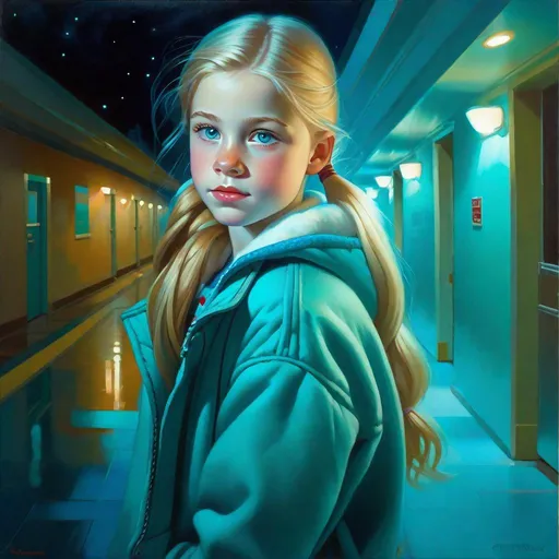 Prompt: A 13 years old Russian-American girl, pale skin, freckles, blonde hair, pigtails, blue eyes, cold weather, night, hospital corridor, turquoise-ish atmosphere, full body portrait, photorealistic, extremely detailed painting by Greg Rutkowski by Steve Henderson