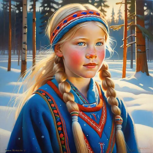 Prompt: A 13 years old Sami girl, pale skin, freckles, blonde hair, pigtails, blue eyes, traditional Sami dress, Finland, aurora borealis, photorealistic, extremely detailed painting by Greg Rutkowski by Steve Henderson