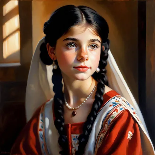 Prompt: A 13 years old Maltese girl, pale skin, freckles, black hair, pigtails, brown eyes, traditional Maltese dress, Valletta, photorealistic, extremely detailed painting by Greg Rutkowski by Steve Henderson