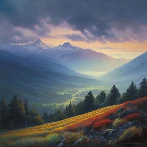 Prompt: Chile, forests, mist, mountains in the background, rainy, cool weather, dark blue skyes, blue hour, hyperrealistic, extremely detailed painting by Greg Rutkowski by Steve Henderson 
