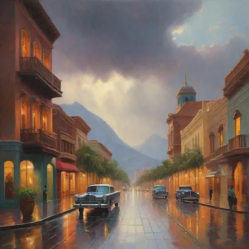 Prompt: Hispanic city historical center, streets, skyscrapers, mountains in the background, rainy, cool weather, hyperrealistic, extremely detailed painting by Greg Rutkowski by Steve Henderson 