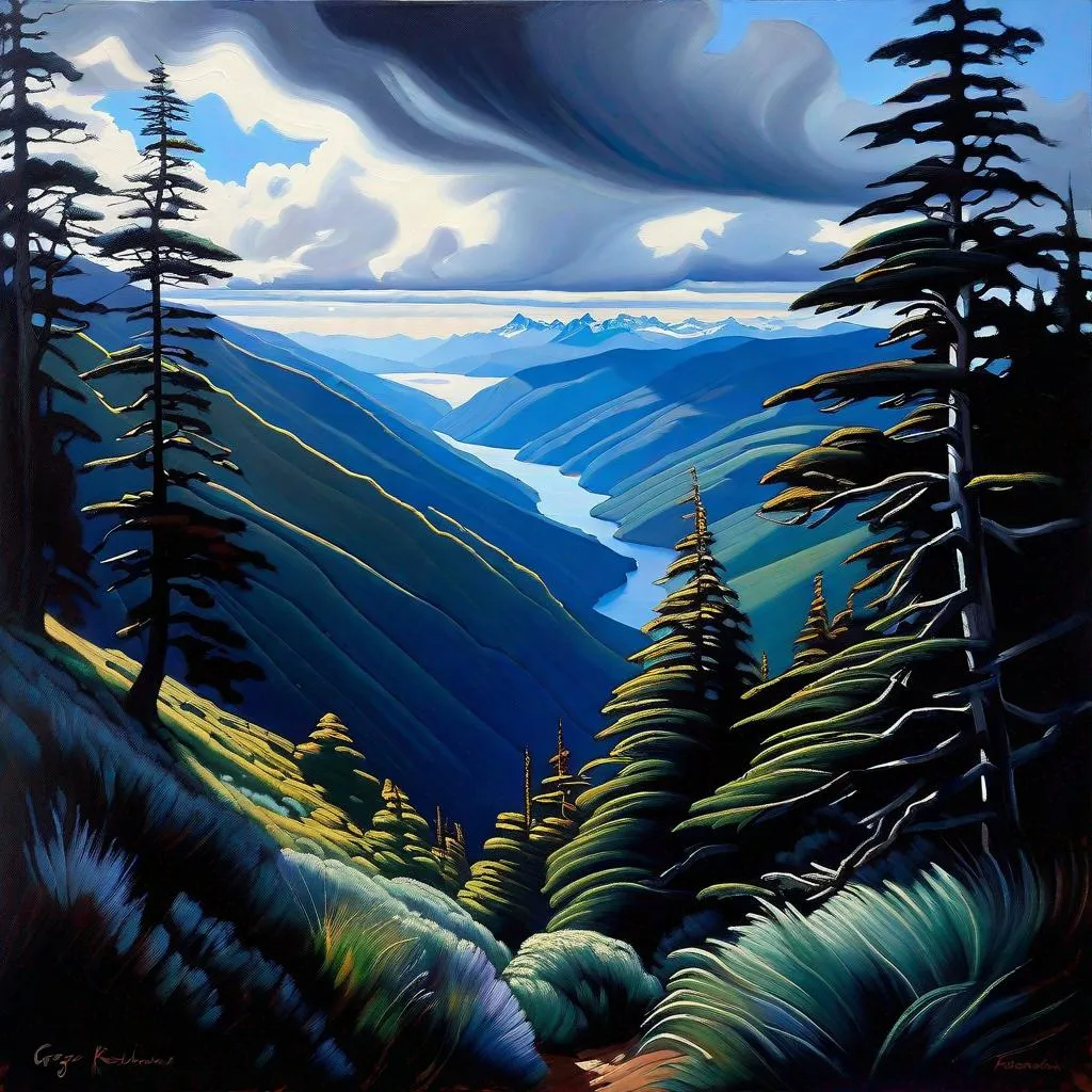 Prompt: Cordoban forests and mountains, oceanic climate, dark blue sky, overcast, Patagonia, photorealistic, extremely detailed painting by Greg Rutkowski by Steve Henderson