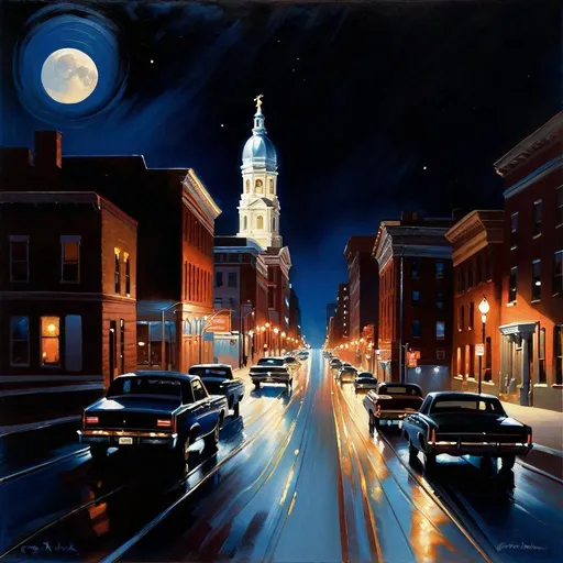 Prompt: Philadelphia at night, streets, dark blue sky, moon, realistic, extremely detailed painting by Greg Rutkowski by Steve Henderson 